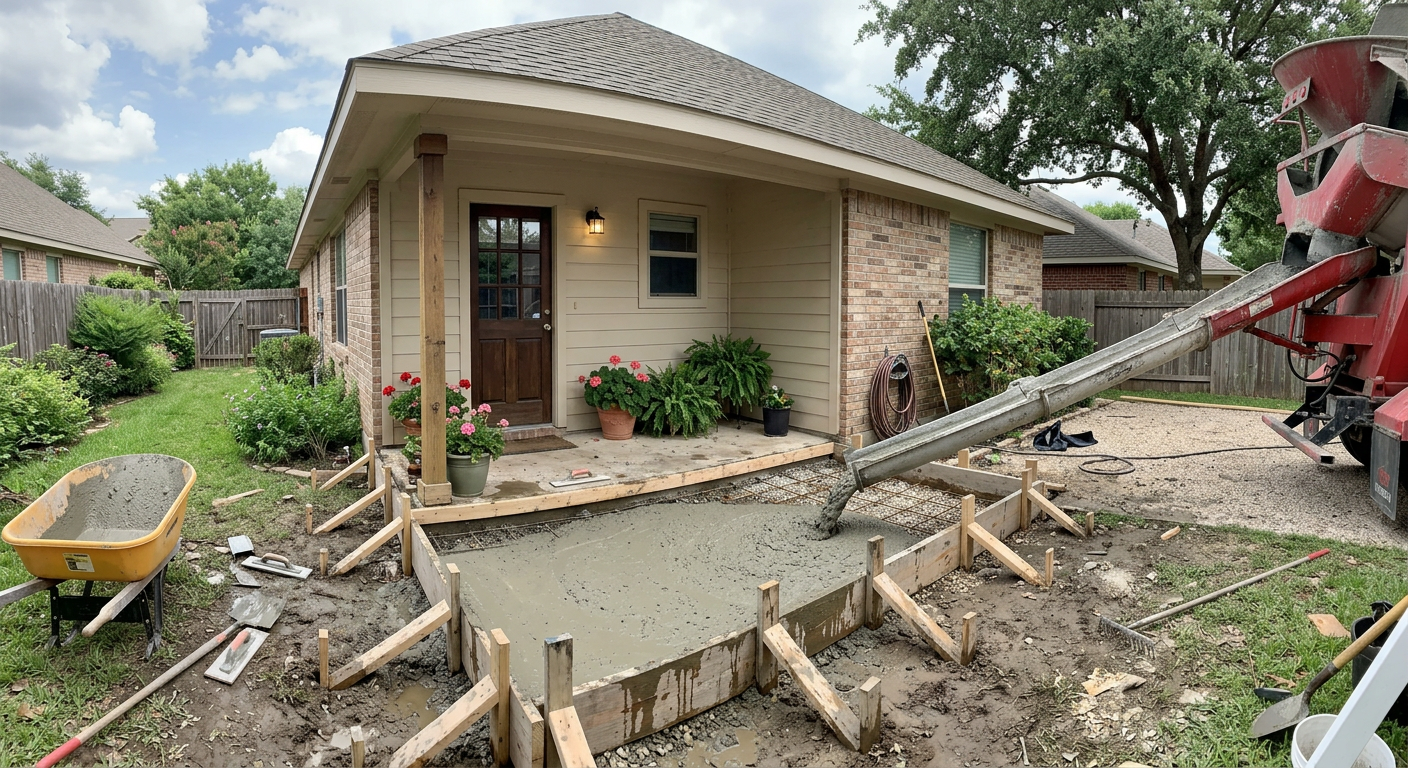 Ready-mix concrete chute filling a freshly framed residential slab